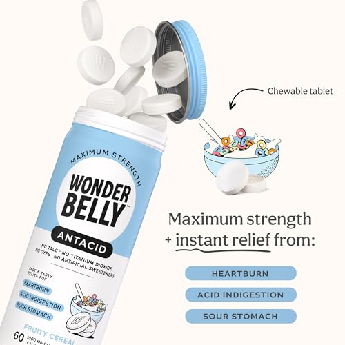 Wonderbelly Antacid Effective Heartburn Relief, Extra Strength Chewable Tablets, 1000 mg Calcium Carbonate, Fruity Cerea