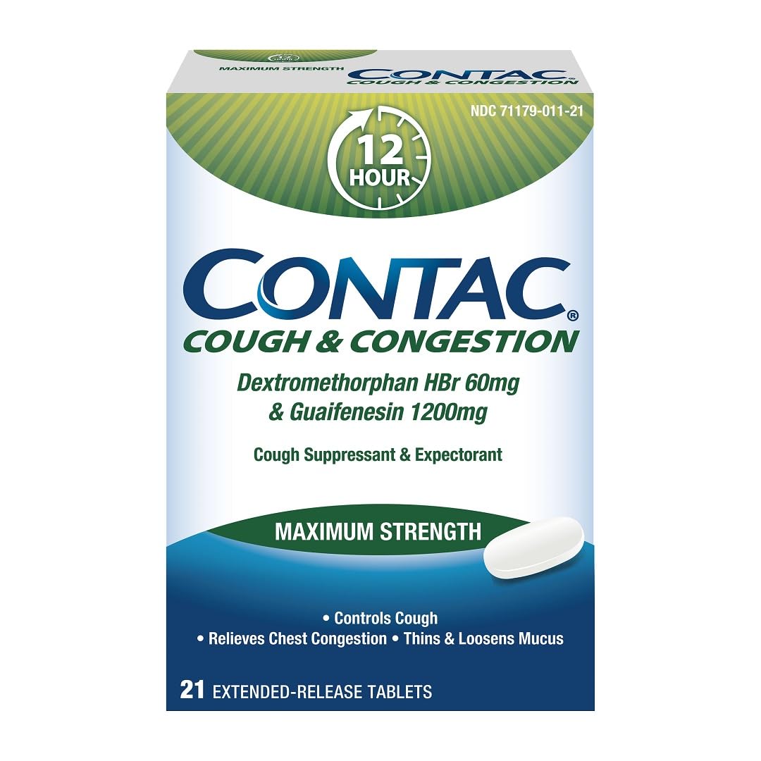 Contac Maximum Strength Cough & Congestion Relief Tablets for Adults, Thins and Loosens Mucus, 21 Count Extended Release