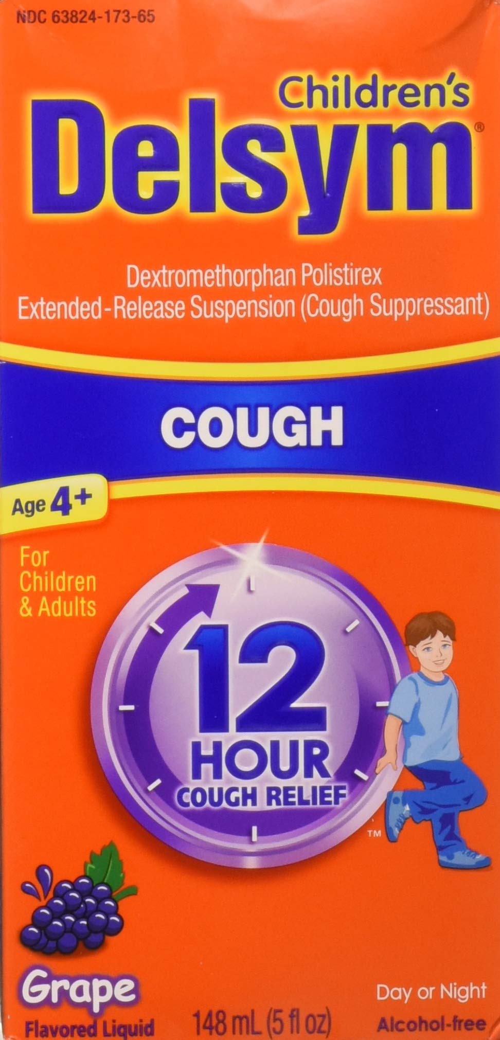 Delsym 12 Hour Cough Relief Grape Flavored Liquid Alcohol Free (Pack of 2) for Adults during Day and Night Symptoms Reli