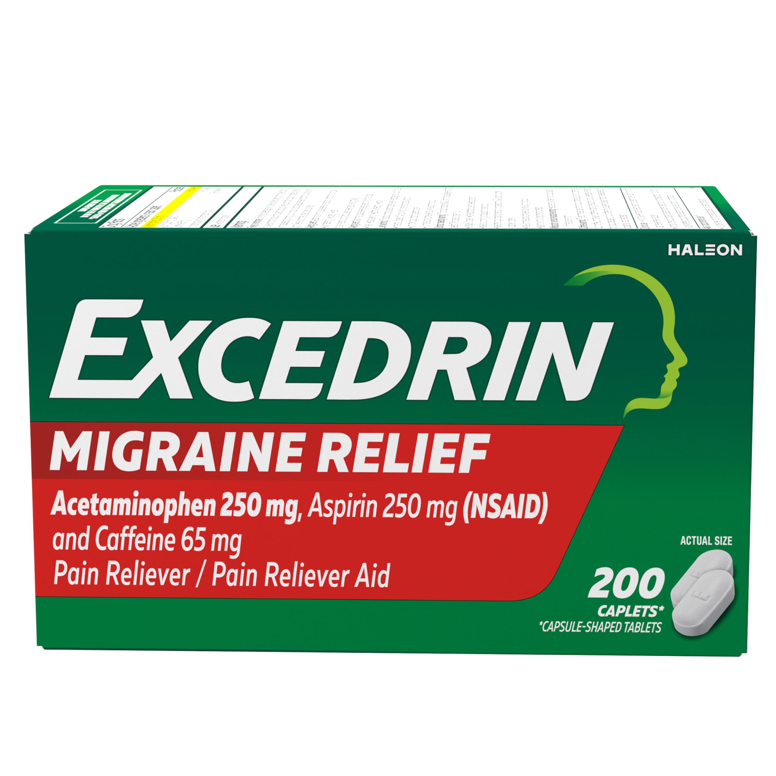 Excedrin Migraine Relief Caplets Acetaminophen 250mg Aspirin 250mg Caffeine 65mg Pain Reliever for Migraine Symptoms 200