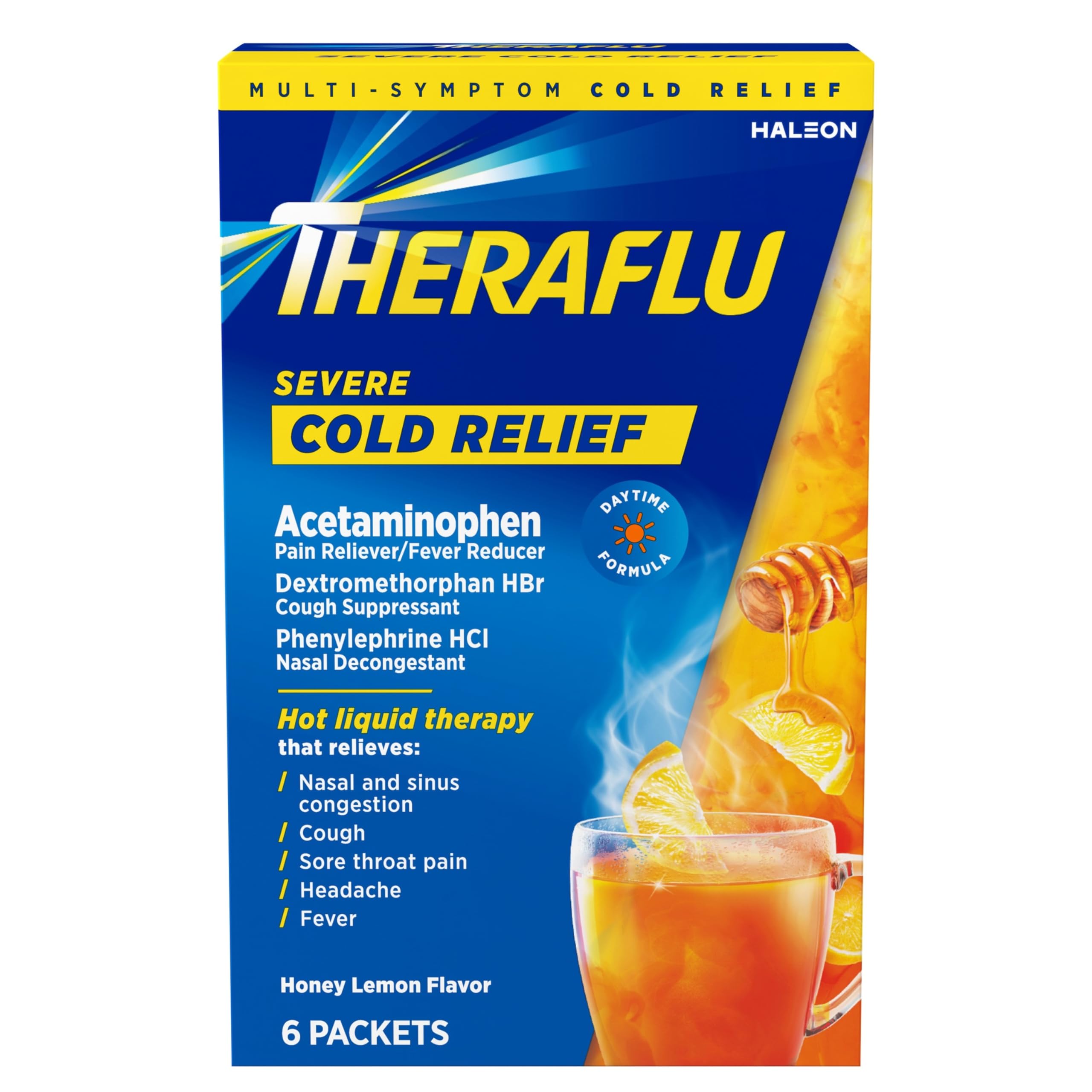Theraflu Daytime Severe Cold Relief Powder - Cold and Cough Medicine for Cold Symptoms, Honey Lemon Flavors - 6 Count (P